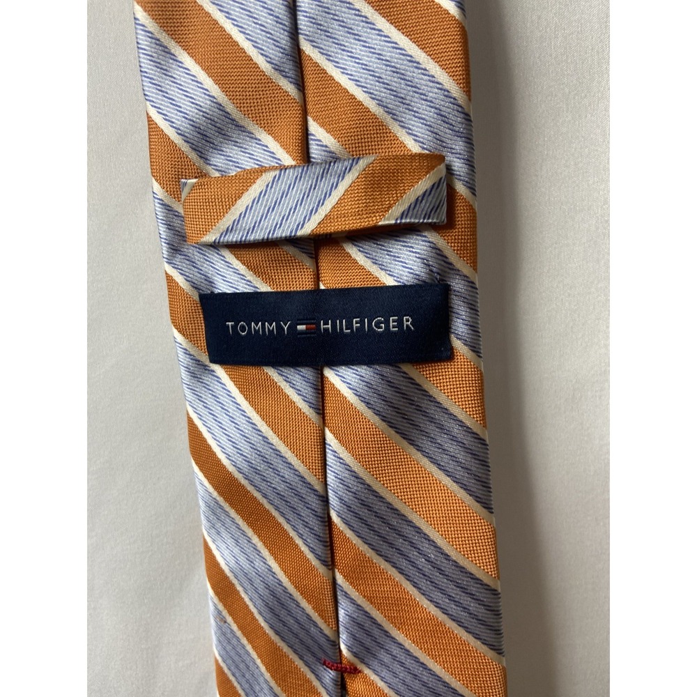 Tommy Hilfiger‎ Mens Tie Orange Blue Striped 100% Silk Neck Tie Necktie - Picture 5 of 13